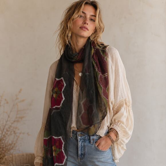 Vintage Accessories - Vintage Silk Chiffon Scarf Boho Sheer Floral Long Wrap Festival Shawl